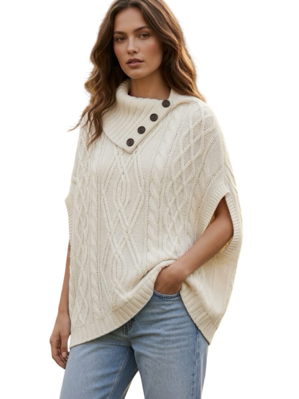 ANN TAYLOR: Cream Oversized Knit Button Collared Shrug / Poncho -Size M/L